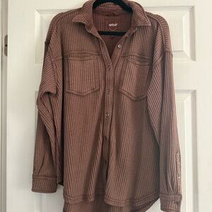 aerie Waffle-Knit Button-Front Shacket in Dusty Rose Brown